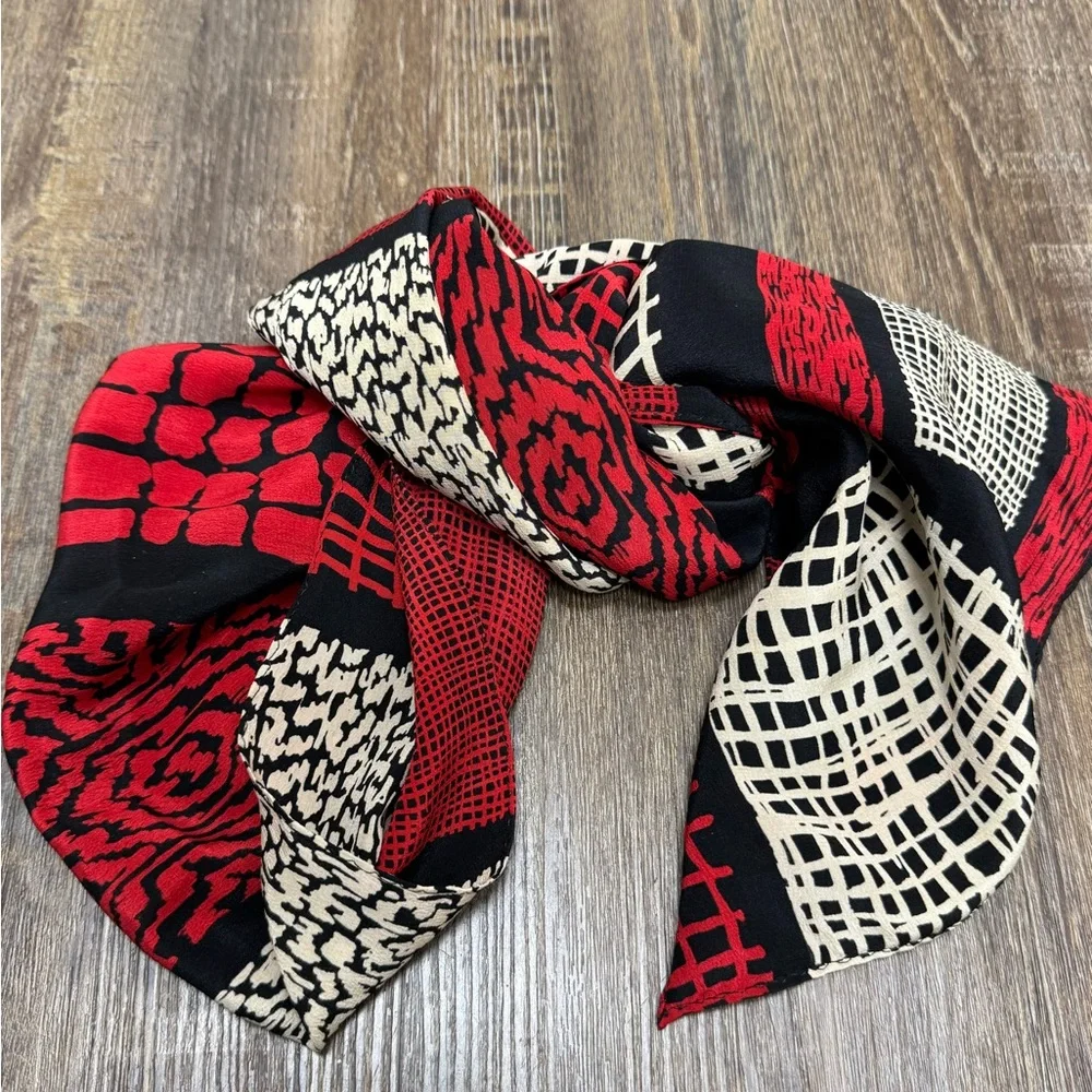 Essential Classics Red Black Tan Silk Patterned Women's‎ Scarf Stylish Lightwt